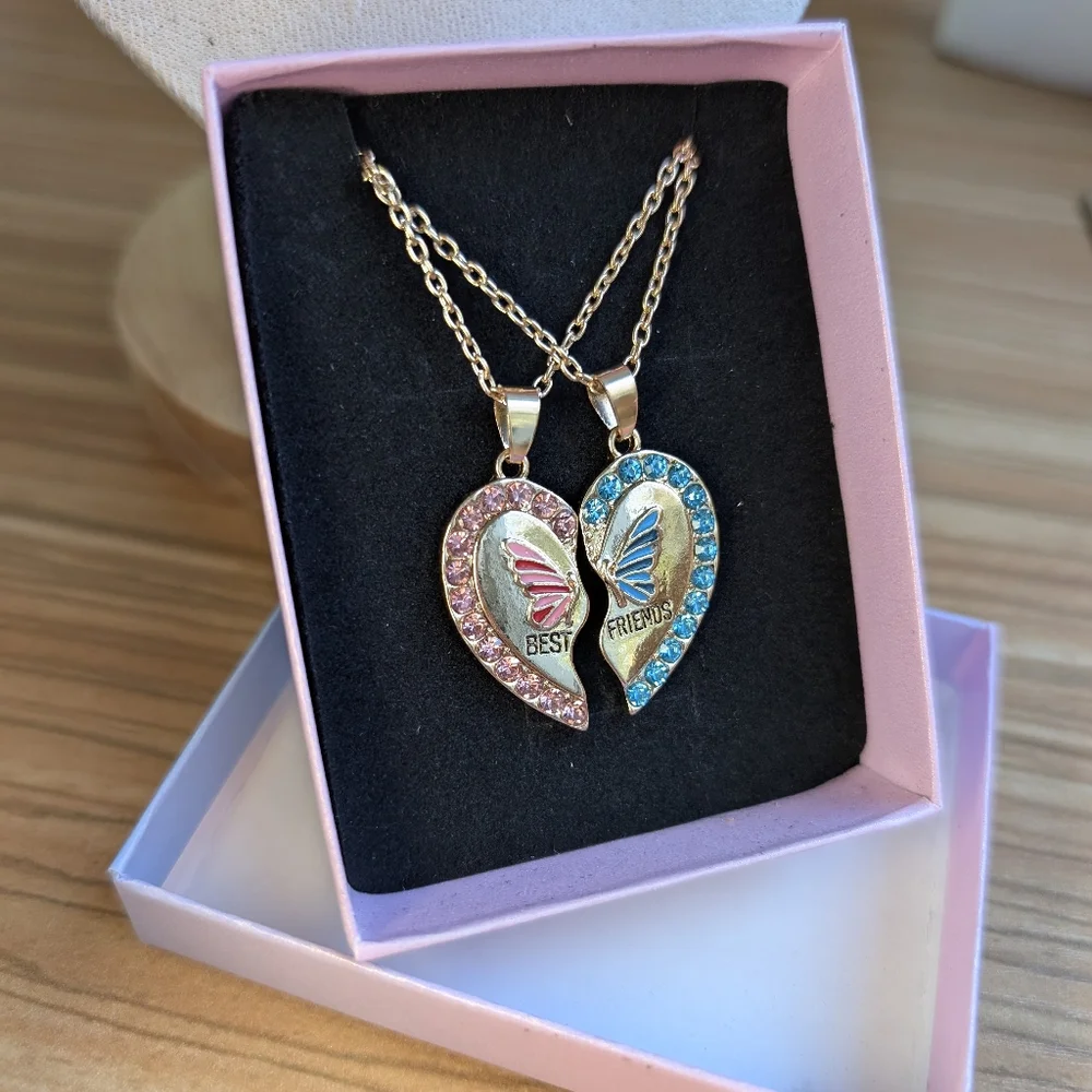 BEST FRIENDS necklace set pink blue gold butterfly rhinestones BFF gift